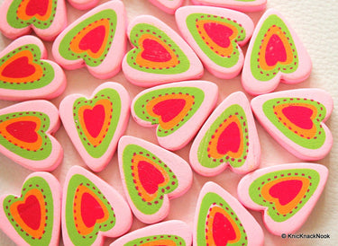 Pink, Green, Orange And Red Heart Wood Beads x 5